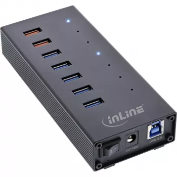 InLine USB 3.2 Gen.1 7-pordine jaotur, alumiiniumkorpusega, must, 2,5 A toiteplokiga