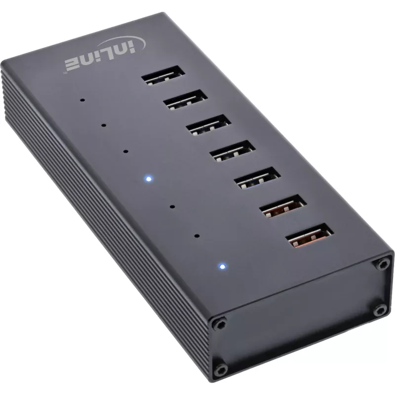 InLine USB 3.2 Gen.1 7-pordine jaotur, alumiiniumkorpusega, must, 2,5 A toiteplokiga