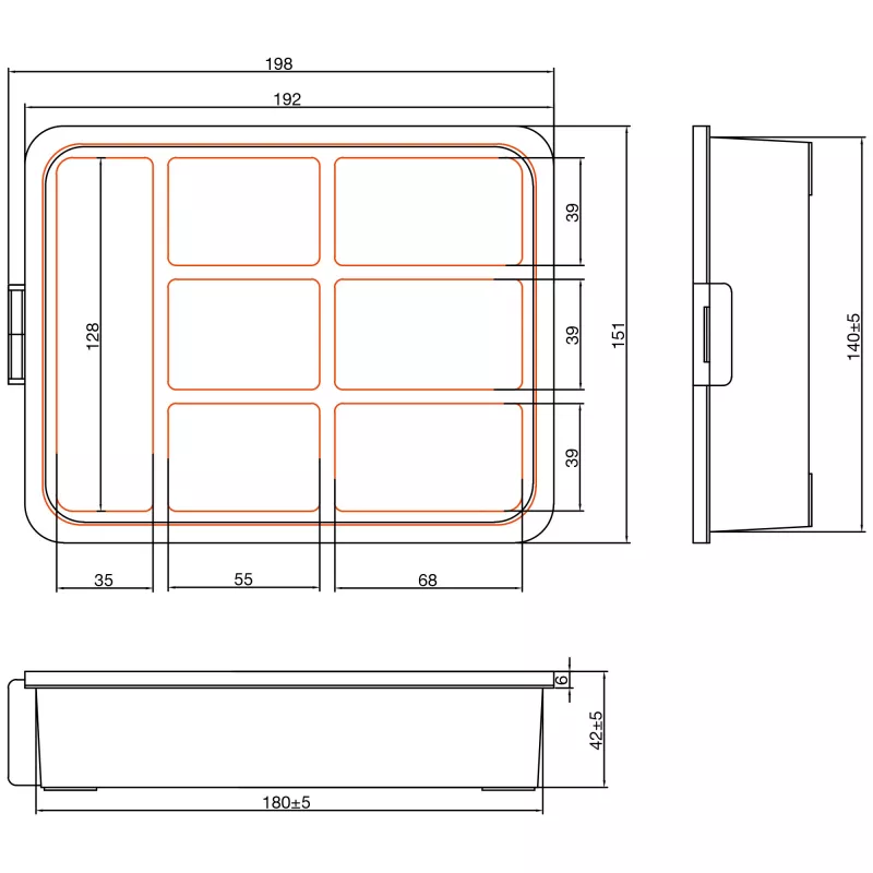 InLine väikeste osade karp, 7 sahtlit, 180x140x40mm, oranž