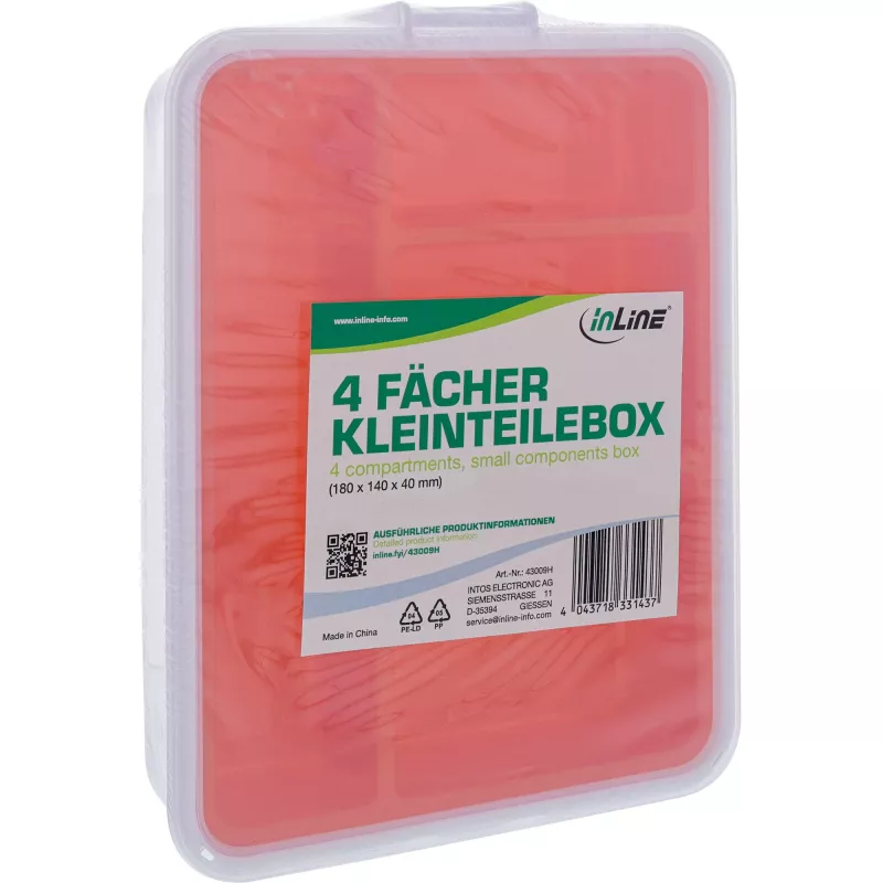InLine väikeste osade karp, 4 vaheseina, 180x140x40mm, oranž