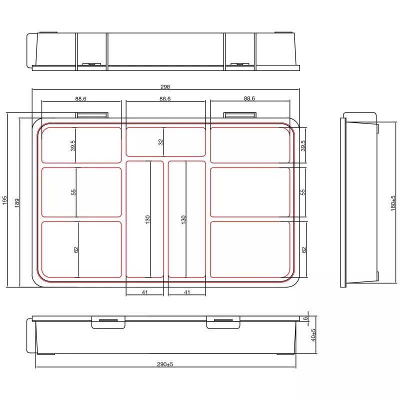 InLine väikeste osade karp, 9 sektsiooni, 290x185x45mm, oranž