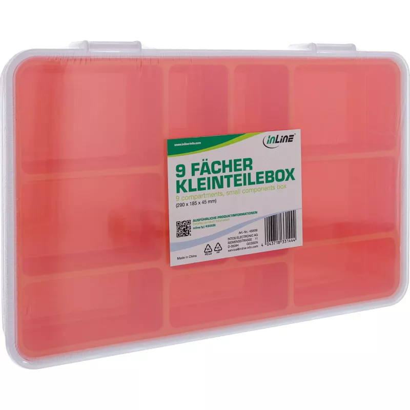 InLine väikeste osade karp, 9 sektsiooni, 290x185x45mm, oranž