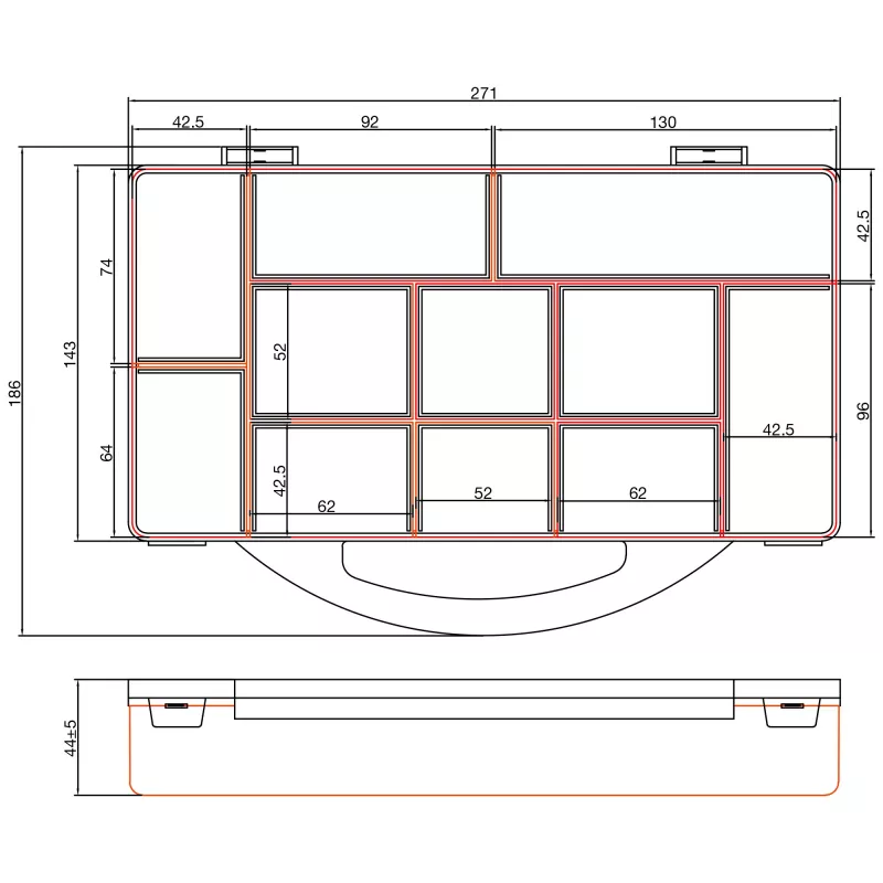 InLine Väikeosade kast, 11 lahtrit, 271x186x40mm, oranž