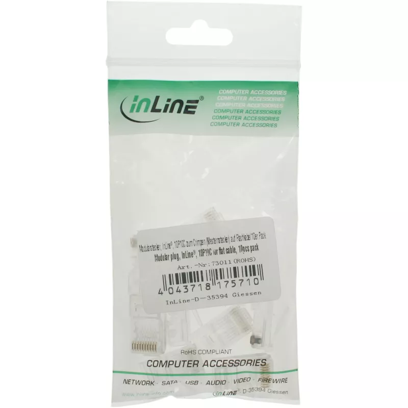 InLine modulaarpistik 10P10C lameda kaabli pressimiseks, läbipaistev plastik, 10 tk