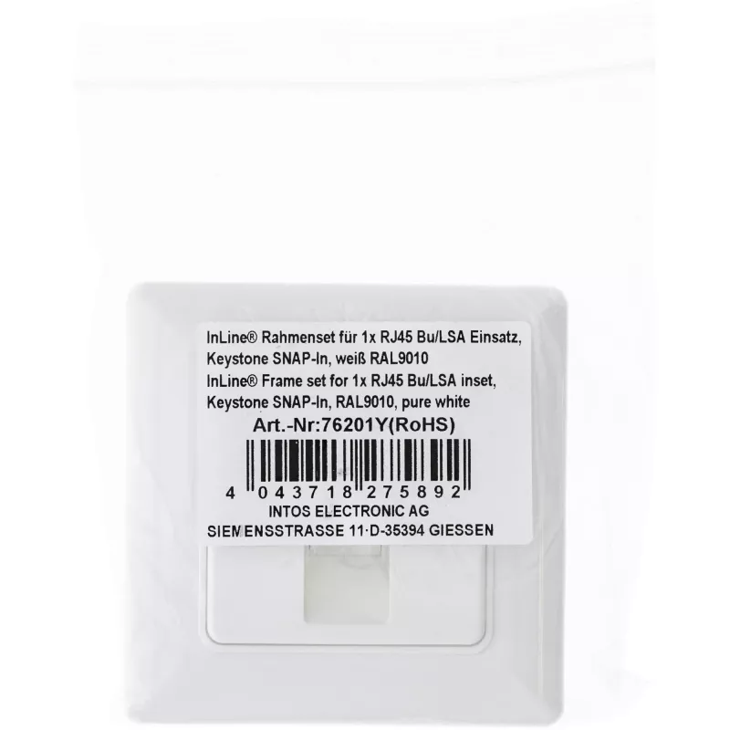 InLine raami komplekt 1x RJ45 Bu/LSA sisestuse jaoks, Keystone SNAP-In, valge RAL9010
