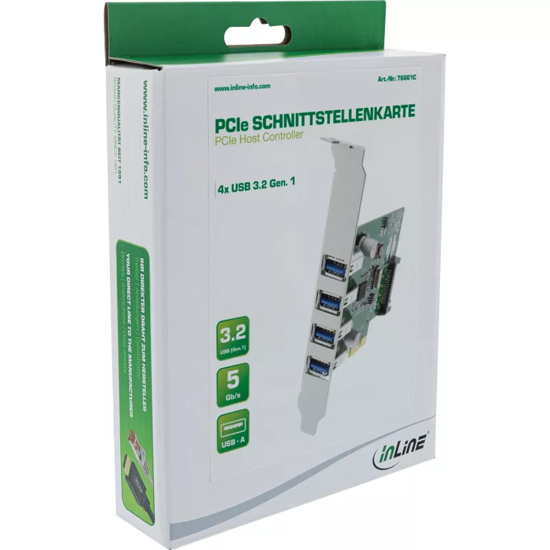 InLine USB 3.0 4 pordi hostkontroller PCIe, sh madalaprofiililine kronstein ja 4 kontaktiga lisatoiteadapter