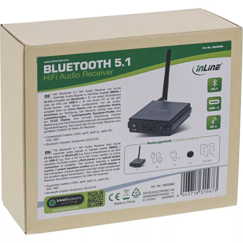 InLine Bluetooth 5.1 HiFi-vastuvõtja ja USB DAC koos LCD-ga, 30 m leviulatus