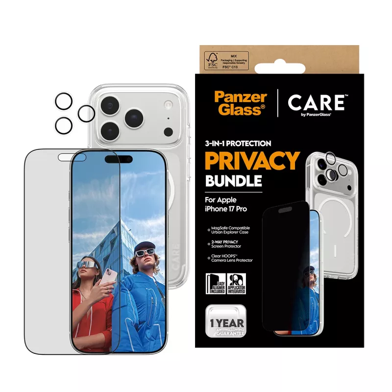 Privaatsusümbris PanzerGlass iPhone 17 Pro jaoks 3-ühes — CARE seeria, privaatsuskaitse, integreeritud kaamerakate