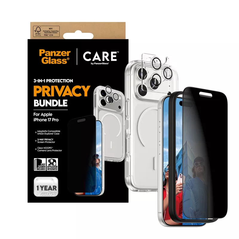 Privaatsusümbris PanzerGlass iPhone 17 Pro jaoks 3-ühes — CARE seeria, privaatsuskaitse, integreeritud kaamerakate