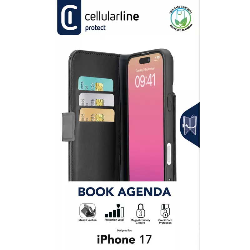Cellularline Book Agenda - iPhone 17 nahkefektiga raamatustiilis ümbris magnetilise sulguriga