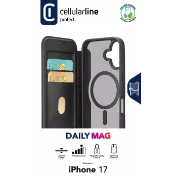 Cellularline Daily Mag - iPhone 17 raamatustiilis ümbris poolläbipaistva kõva tagaküljega, ühildub Magsafe® ökosüsteemiga