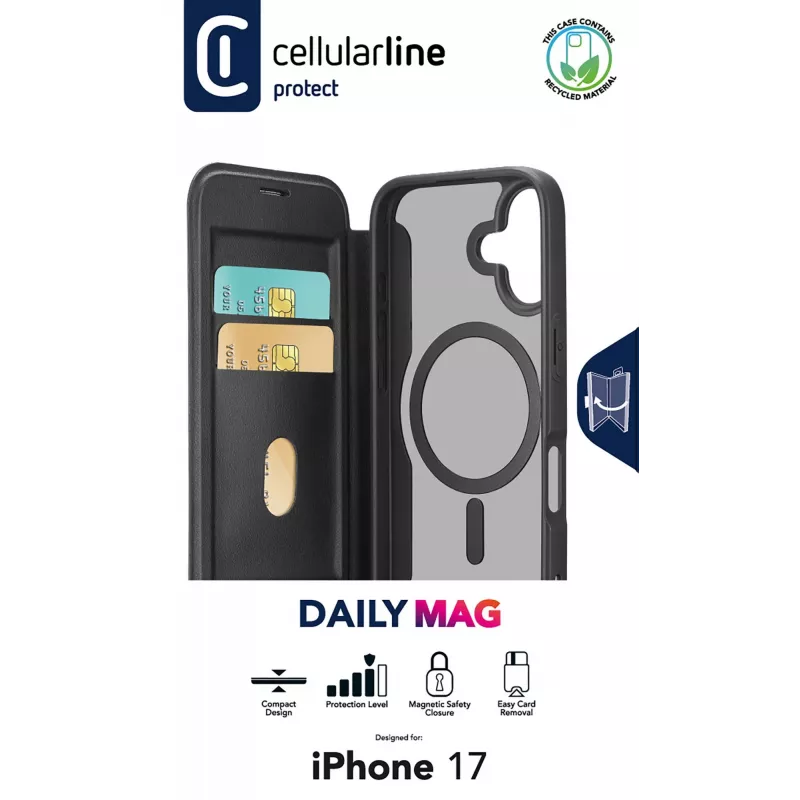 Cellularline Daily Mag - iPhone 17 raamatustiilis ümbris poolläbipaistva kõva tagaküljega, ühildub Magsafe® ökosüsteemiga