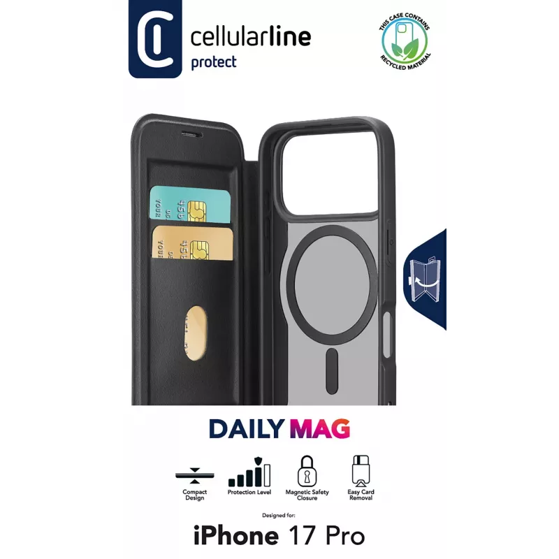 Cellularline Daily Mag - iPhone 17 Pro raamatukaanega poolläbipaistva kõva tagakaanega, ühildub MagSafe® ökosüsteemiga