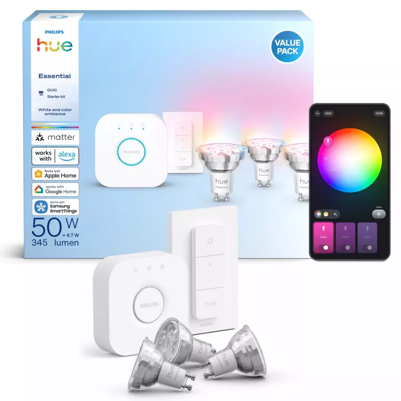 Philips Hue Valge and colour ambience Essential starter kit: 3 GU10 nutipirni (345 lm) + dimmerlüliti