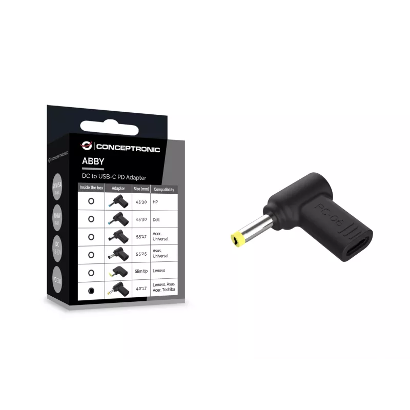 Conceptronic ABBY15PC06 DC-USB-C-adapter, Lenovo/Asus/Acer/Toshiba 4,0x1,7 mm, 18–20 V