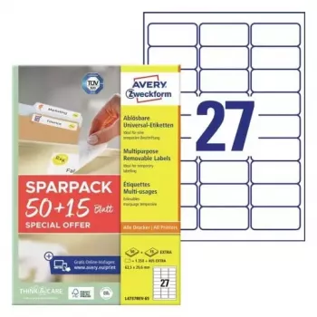 Avery Zweckform L4737REV-65 universaalsed etiketid, 63,5 x 29,6 mm, paber, eemaldatavad, 65 lehte, valged