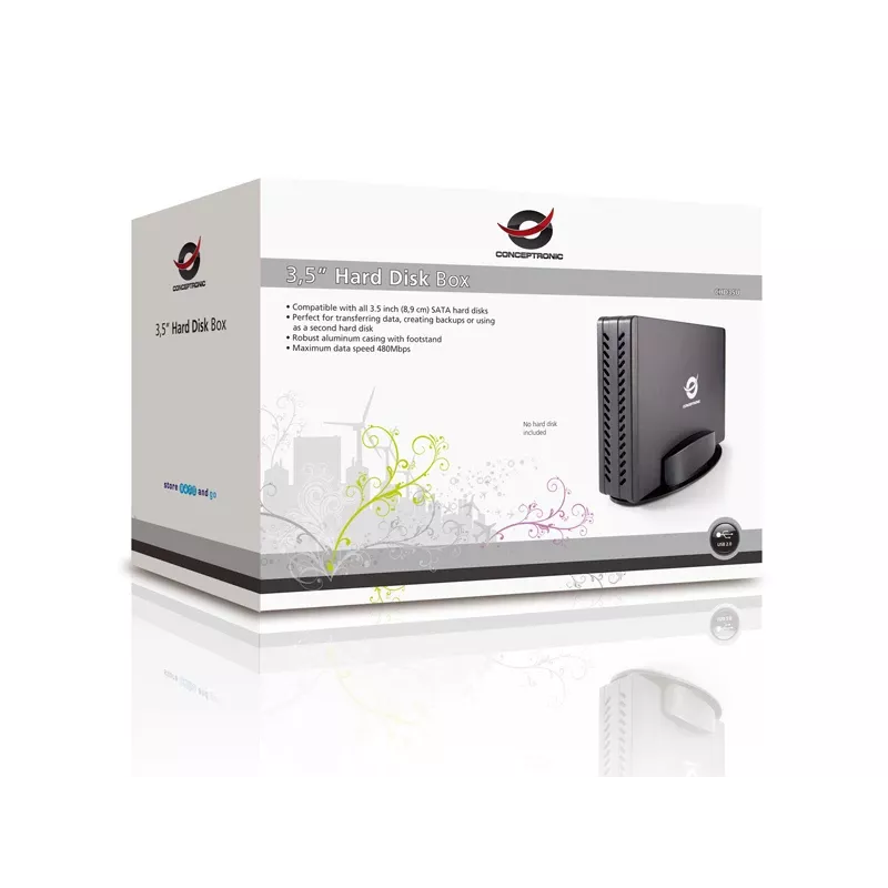 Conceptronic 3,5-tolline kõvakettakarp, HDD-korpus, 3,5 tolli, Serial ATA, Serial ATA II, Serial ATA III, 0,48 Gbit/s, USB-ühenduvus, must