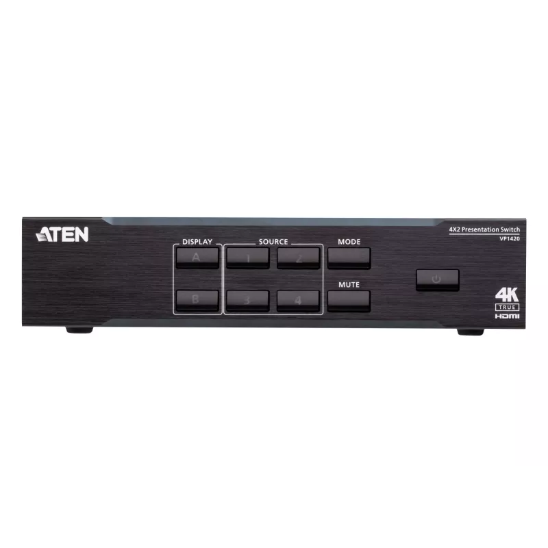 ATEN 4 x 2 True 4K esitlusmaatrikslüliti, meedia esitlusmaatrikslüliti, 4096 x 2160 pikslit, 4096 x 2160, 3840 x 2160, must, metall, nupud