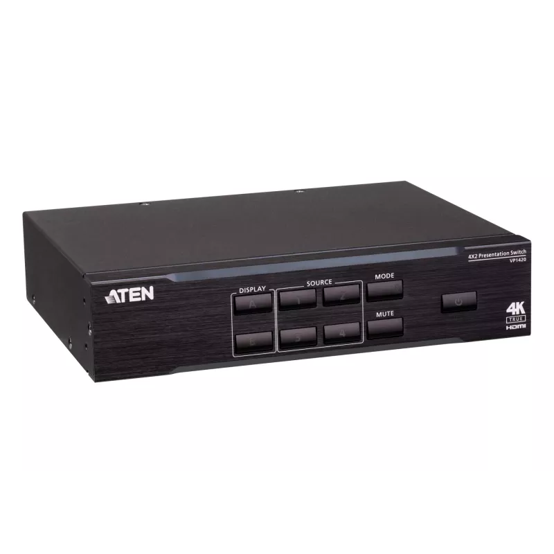 ATEN 4 x 2 True 4K esitlusmaatrikslüliti, meedia esitlusmaatrikslüliti, 4096 x 2160 pikslit, 4096 x 2160, 3840 x 2160, must, metall, nupud
