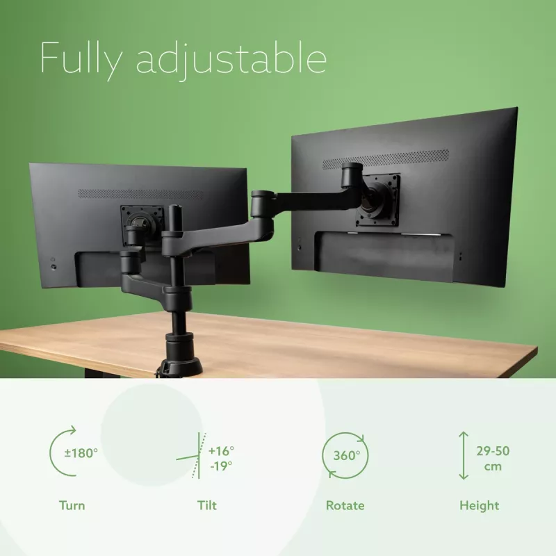 R-Go Tools monitorihoidik R-Go Zepher Dual, kahele monitorile, täielikult reguleeritav, 0–8 kg kandevõime, 100% ringlussevõetav, must