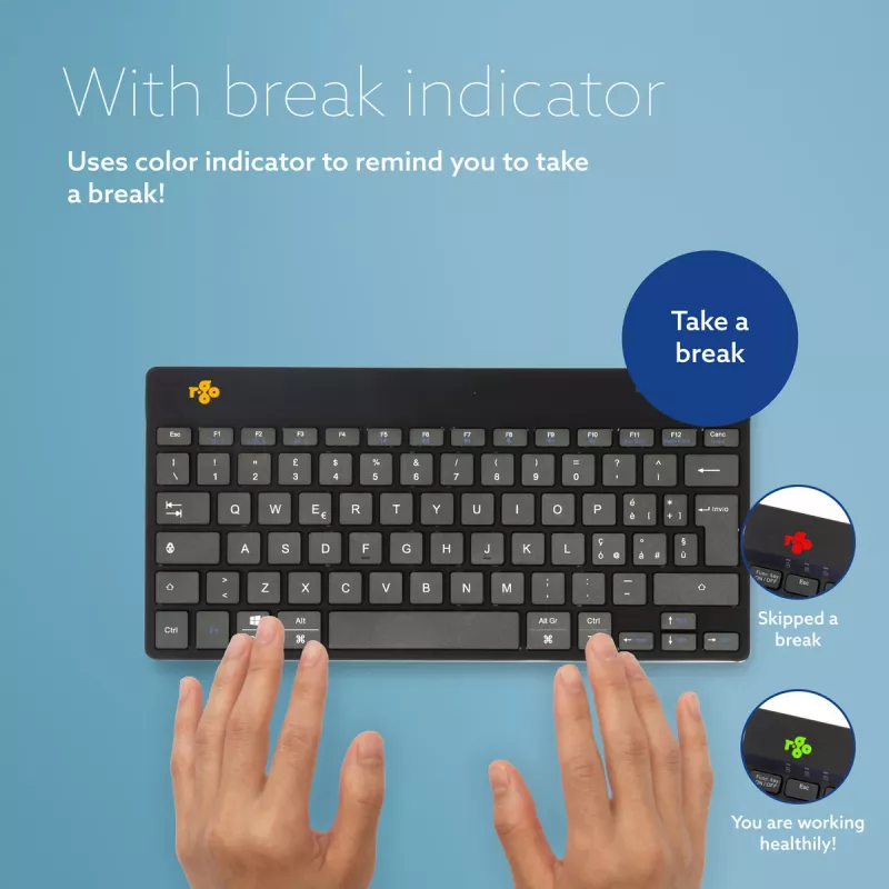 R-Go Tools ergonoomiline klaviatuur R-Go Compact Break, kompaktne klaviatuur pausitarkvaraga, QWERTY (ITA), Bluetooth, must