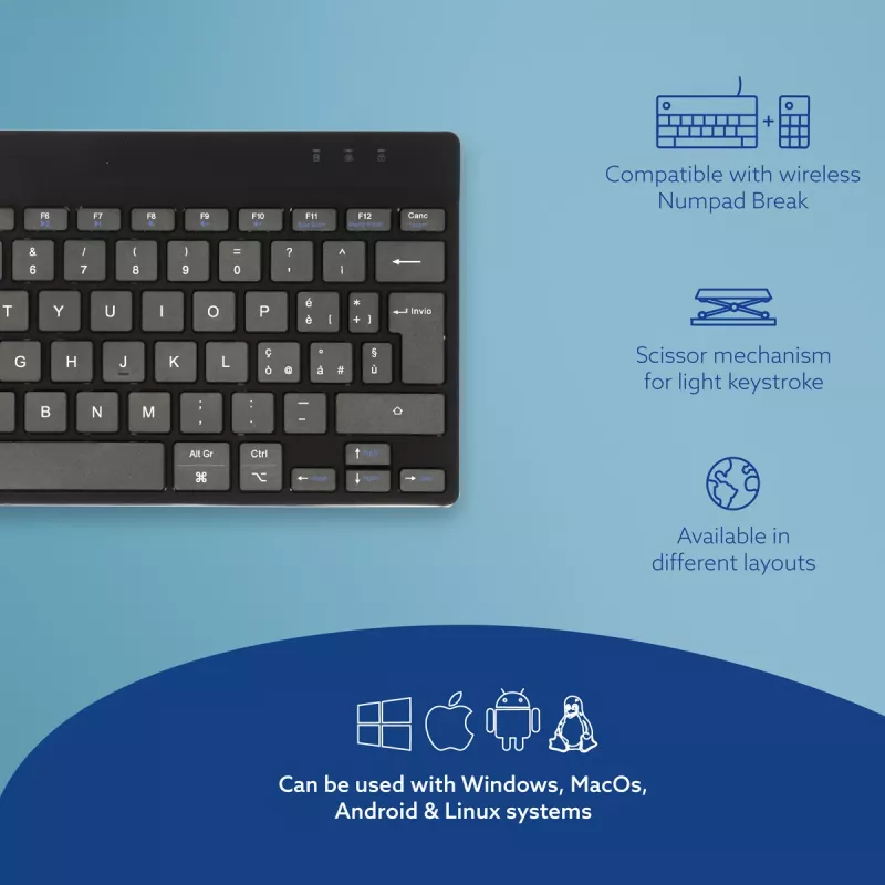 R-Go Tools ergonoomiline klaviatuur R-Go Compact Break, kompaktne klaviatuur pausitarkvaraga, QWERTY (ITA), Bluetooth, must