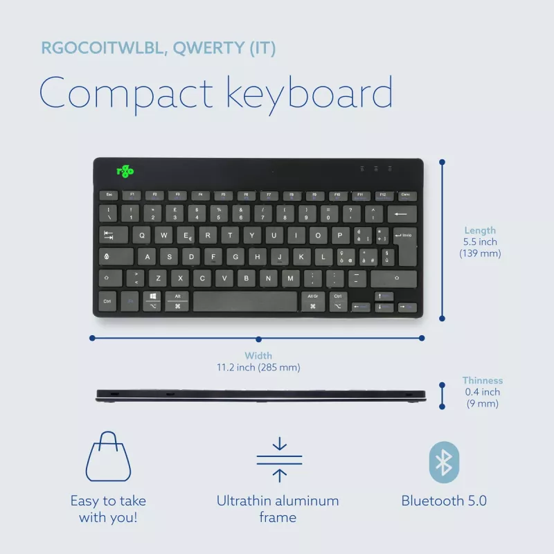 R-Go Tools ergonoomiline klaviatuur R-Go Compact Break, kompaktne klaviatuur pausitarkvaraga, QWERTY (ITA), Bluetooth, must