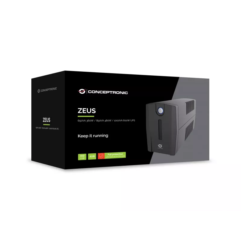 Conceptronic ZEUS01G 650VA 360W UPS, UK pistikupesa x 2, HID USB, RJ45 Sisend/Väljund, AVR