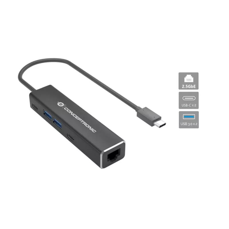 Conceptronic ABBY14B 2.5G Ethernet USB 3.2 Gen 1 adapter USB-jaoturiga, 2.5GbE, USB-A x 2, USB-C x 2