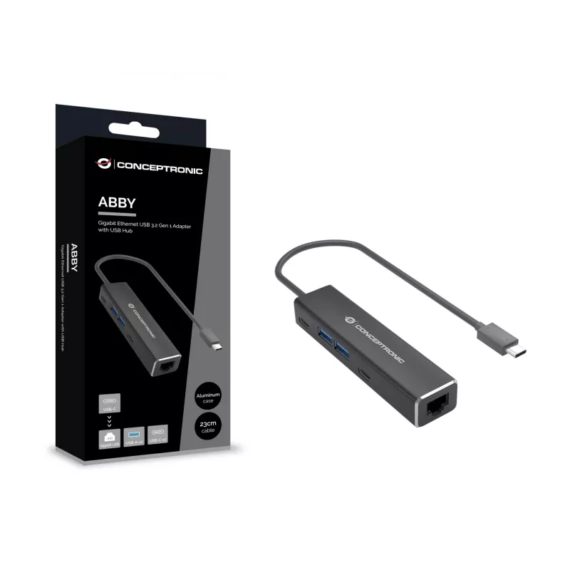 Conceptronic ABBY14B 2.5G Ethernet USB 3.2 Gen 1 adapter USB-jaoturiga, 2.5GbE, USB-A x 2, USB-C x 2