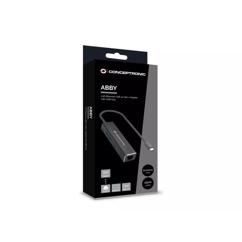 Conceptronic ABBY14B 2.5G Ethernet USB 3.2 Gen 1 adapter USB-jaoturiga, 2.5GbE, USB-A x 2, USB-C x 2