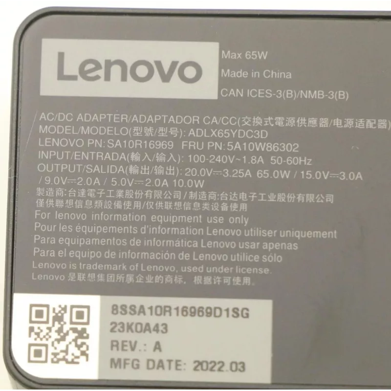 Lenovo 5A10W86302 toiteadapter Sisetingimustesse 65 W Must