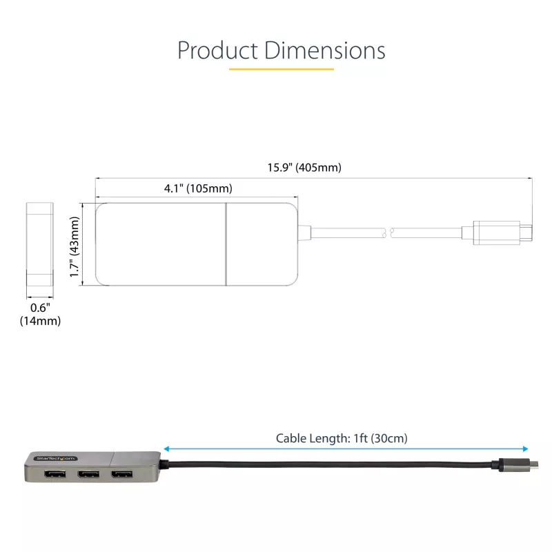 StarTech.com 3-pordiline USB-C mitme monitori adapter, USB USB-C → 3x DisplayPort 1.4 MST jaotur, kolmekordne 4K 60 Hz DP sülearvuti ekraanilaiend / jaotur, HDR, eriti pikk sisseehitatud kaabel – ainult Windows