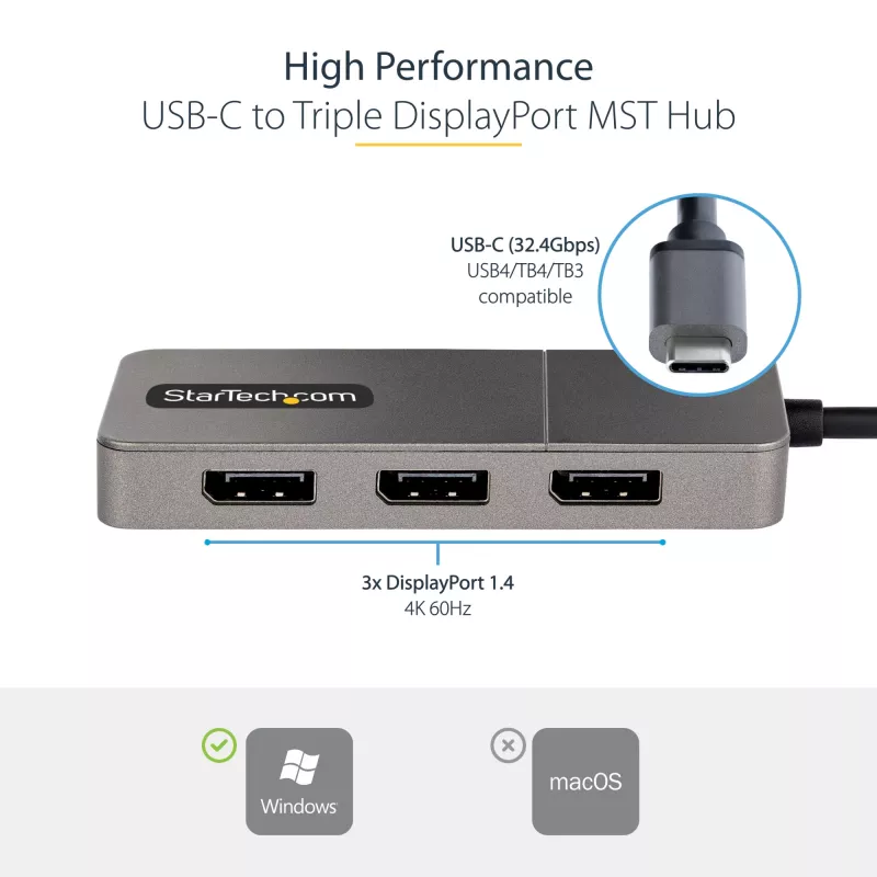 StarTech.com 3-pordiline USB-C mitme monitori adapter, USB USB-C → 3x DisplayPort 1.4 MST jaotur, kolmekordne 4K 60 Hz DP sülearvuti ekraanilaiend / jaotur, HDR, eriti pikk sisseehitatud kaabel – ainult Windows