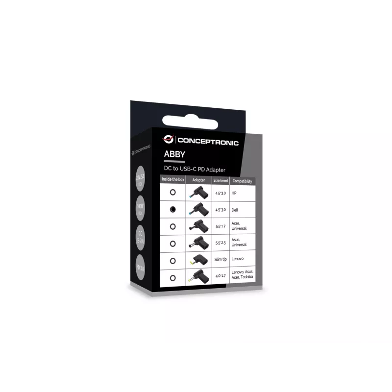 Conceptronic ABBY15PC02 DC-USB-C adapter, Dell 4,5x3,0 mm, 18–20 V