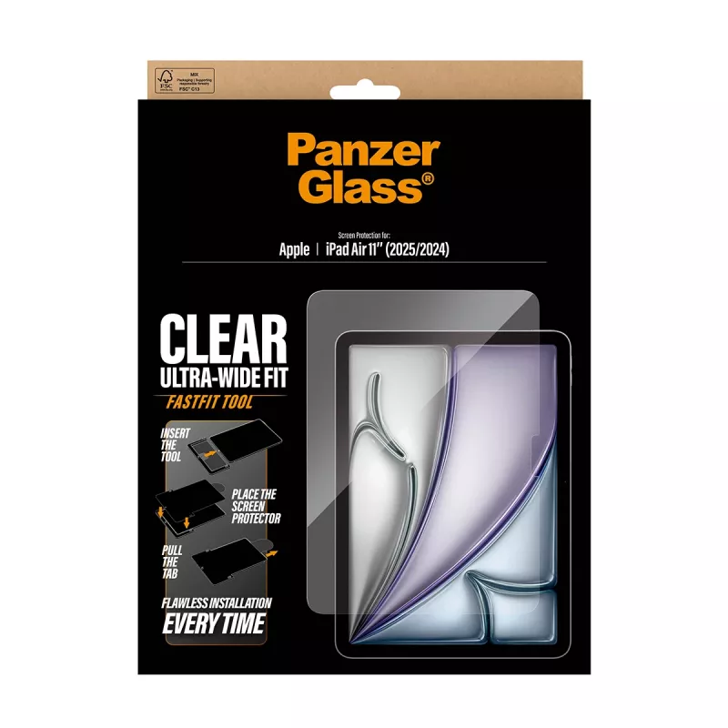 Ekraanikaitse PanzerGlass iPad Air 11 tolli (2024–2026) Ultra‑Wide Fit, karastatud klaas, FastFit tööriist
