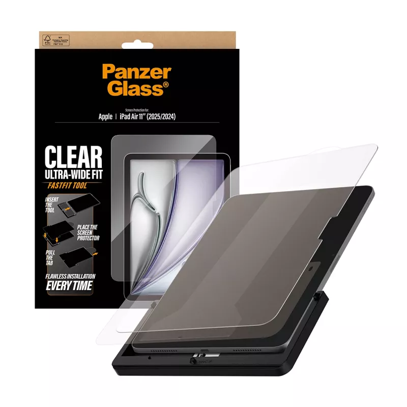 Ekraanikaitse PanzerGlass iPad Air 11 tolli (2024–2026) Ultra‑Wide Fit, karastatud klaas, FastFit tööriist