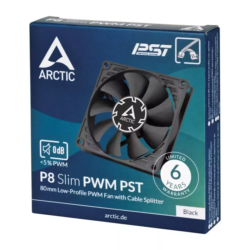 Fan Arctic P8 õhuke PWM PST 80mm madalprofiil 38,23 m³/h vedeldünaamiline laager must