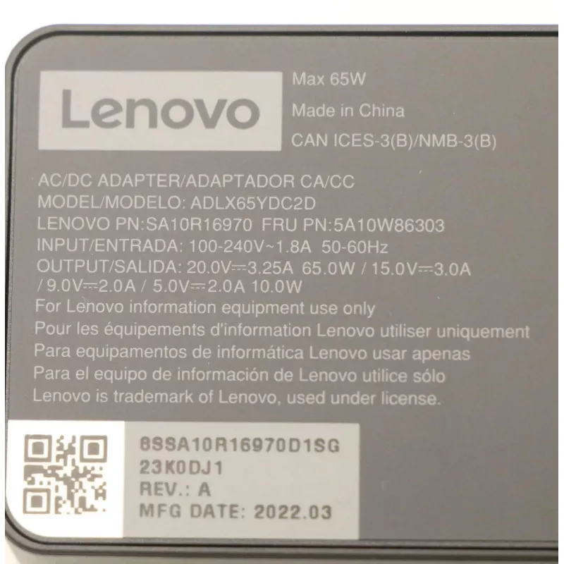 Vahelduvvooluadapter 65 W USB USB-C Lenovo 5A10W86303, USB-C PD toiteplokk 65 W