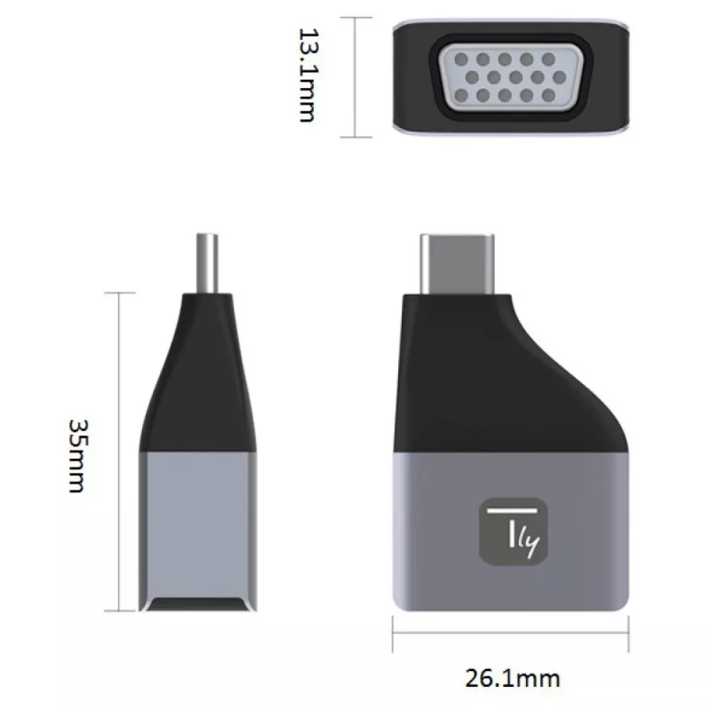 Techly IADAP USBC-VGAC USB-graafikaadapter 1920 x 1200 pikslit Must, Hõbedane