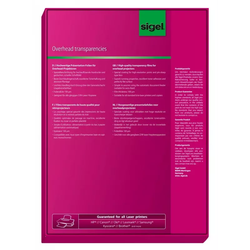 Trükikile Laser Sigel LF419 A4 210×297 mm Läbipaistev 100 lehte