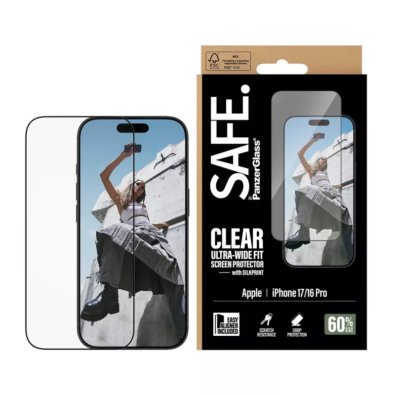 PanzerGlass SAFE. by ® ekraanikaitse musta raamiga iPhone 17 | 16 Pro | ülilai sobivus EasyAligneriga