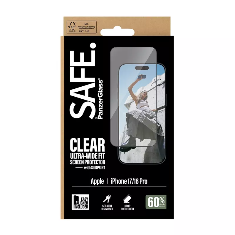 PanzerGlass SAFE. by ® ekraanikaitse musta raamiga iPhone 17 | 16 Pro | ülilai sobivus EasyAligneriga