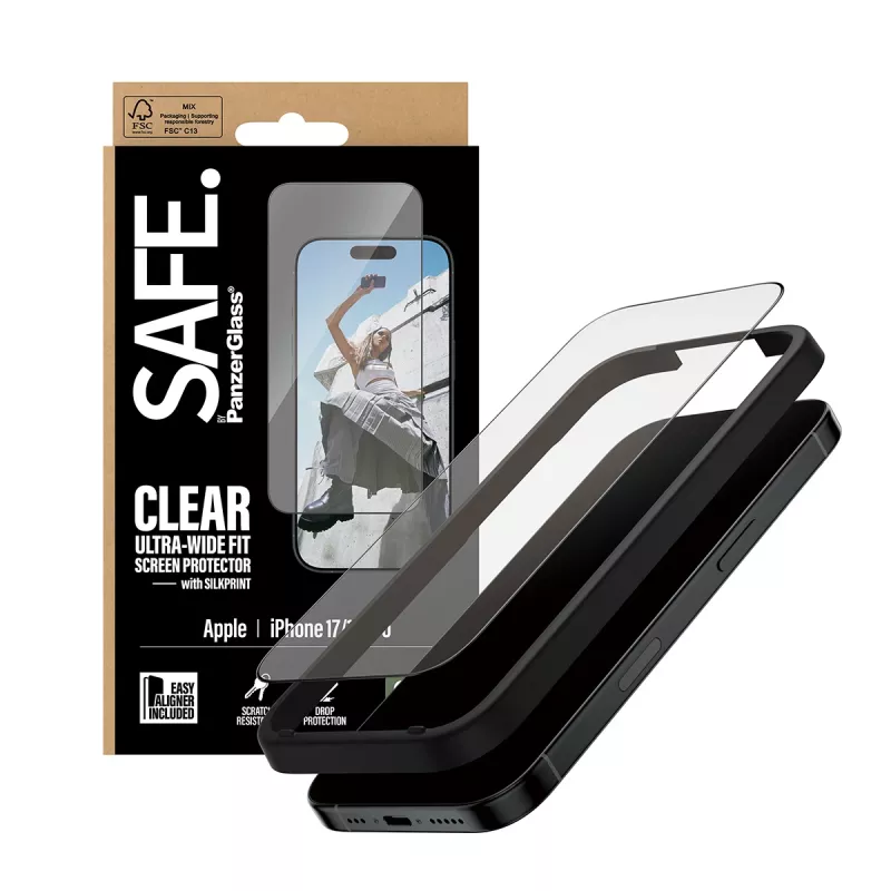 PanzerGlass SAFE. by ® ekraanikaitse musta raamiga iPhone 17 | 16 Pro | ülilai sobivus EasyAligneriga