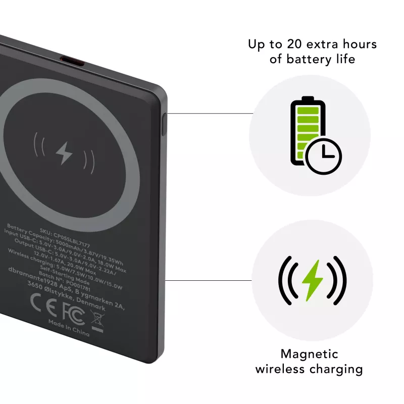 dbramante1928 re-charge - Akupank 5K Wireless - Hall, 5000 mAh, Juhtmevaba laadimine, 3,87 V, Hall