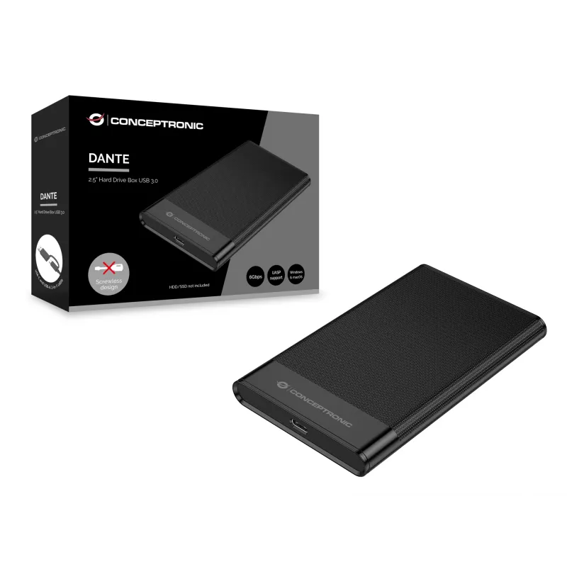 Conceptronic DANTE06B 2,5-tolline kõvakettakarp USB 3.0, HDD/SSD-korpus, 2,5 tolli, Serial ATA III, 6 Gbit/s, USB-ühendus, must