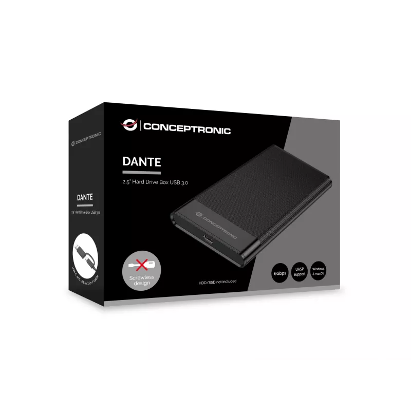 Conceptronic DANTE06B 2,5-tolline kõvakettakarp USB 3.0, HDD/SSD-korpus, 2,5 tolli, Serial ATA III, 6 Gbit/s, USB-ühendus, must