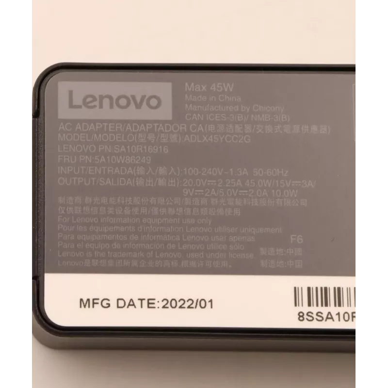 Vahelduvvooluadapter Lenovo 45W USB-C 5A10W86249 — 45 W USB-C toiteplokk sülearvutitele ja seadmetele