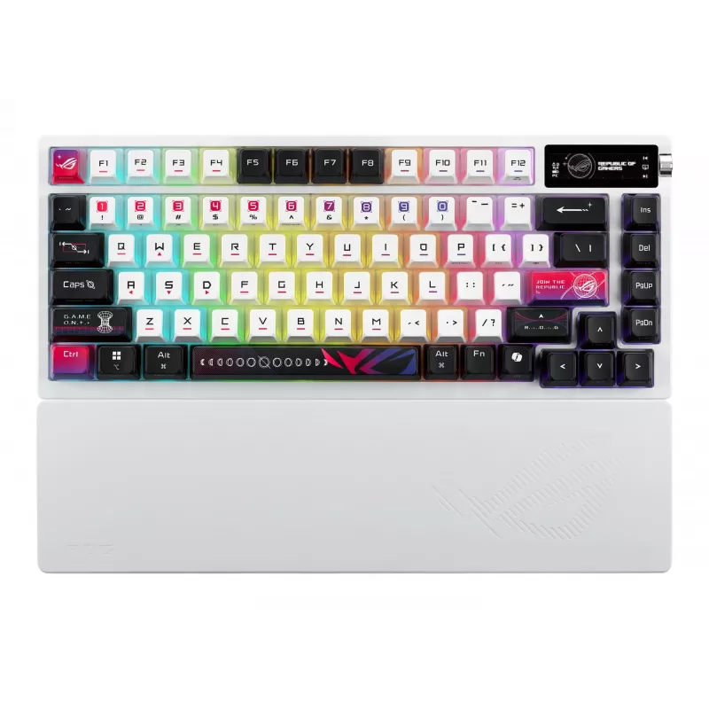 Mehaaniline mänguklaviatuur ASUS ROG Azoth X — 75% paigutus, USB + RF juhtmevaba, Bluetooth, RGB, randmetugi, must/valge