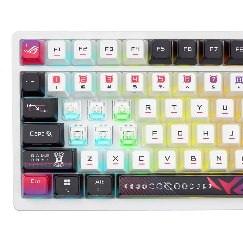 Mehaaniline mänguklaviatuur ASUS ROG Azoth X — 75% paigutus, USB + RF juhtmevaba, Bluetooth, RGB, randmetugi, must/valge